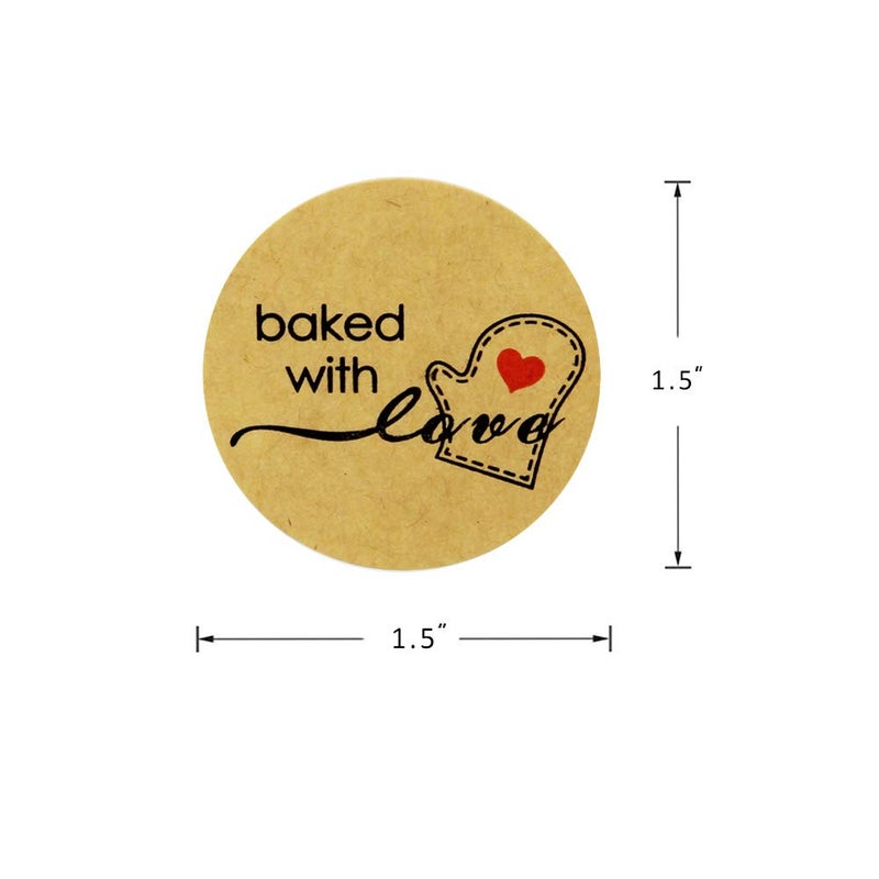 Hcode 500 Natural Kraft Paper Round Baked with Love Stickers with Red Heart in Baking Gloves 1.5 Inch Adhesive Label (1 roll, Kraft Baked with Love) - Image 3